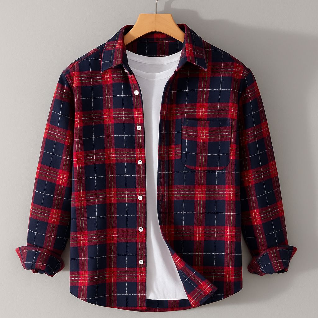Navy Blue & Red Premium Check Shirt – S to XXL (Soft Flannel Look • Overshirt Style)